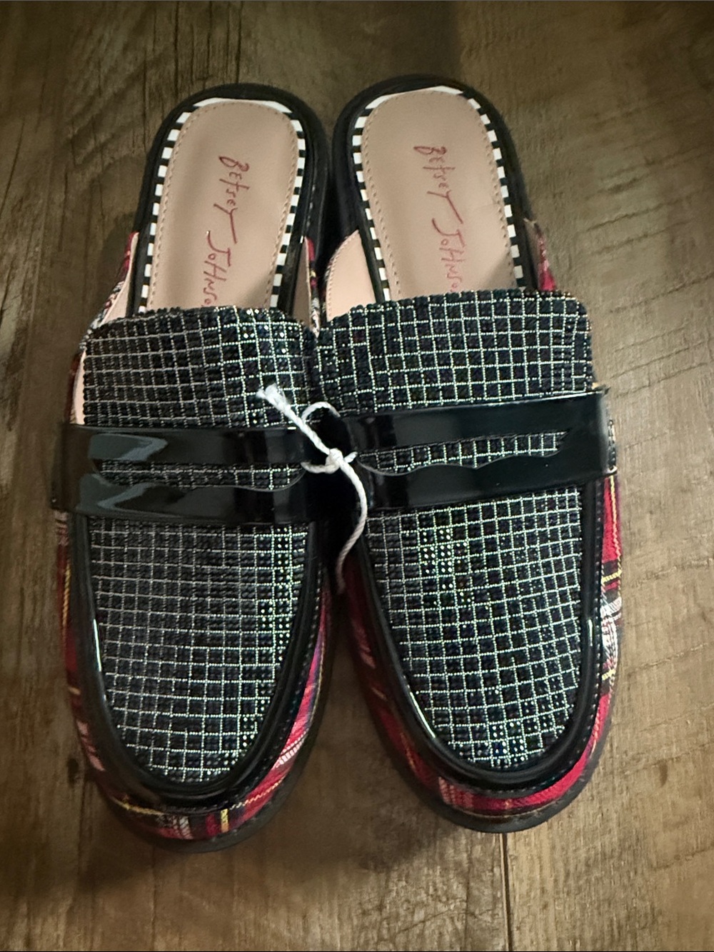 Betsey Johnson Black Plaid & Pink Slip-On Mules Women’s Size 8.5